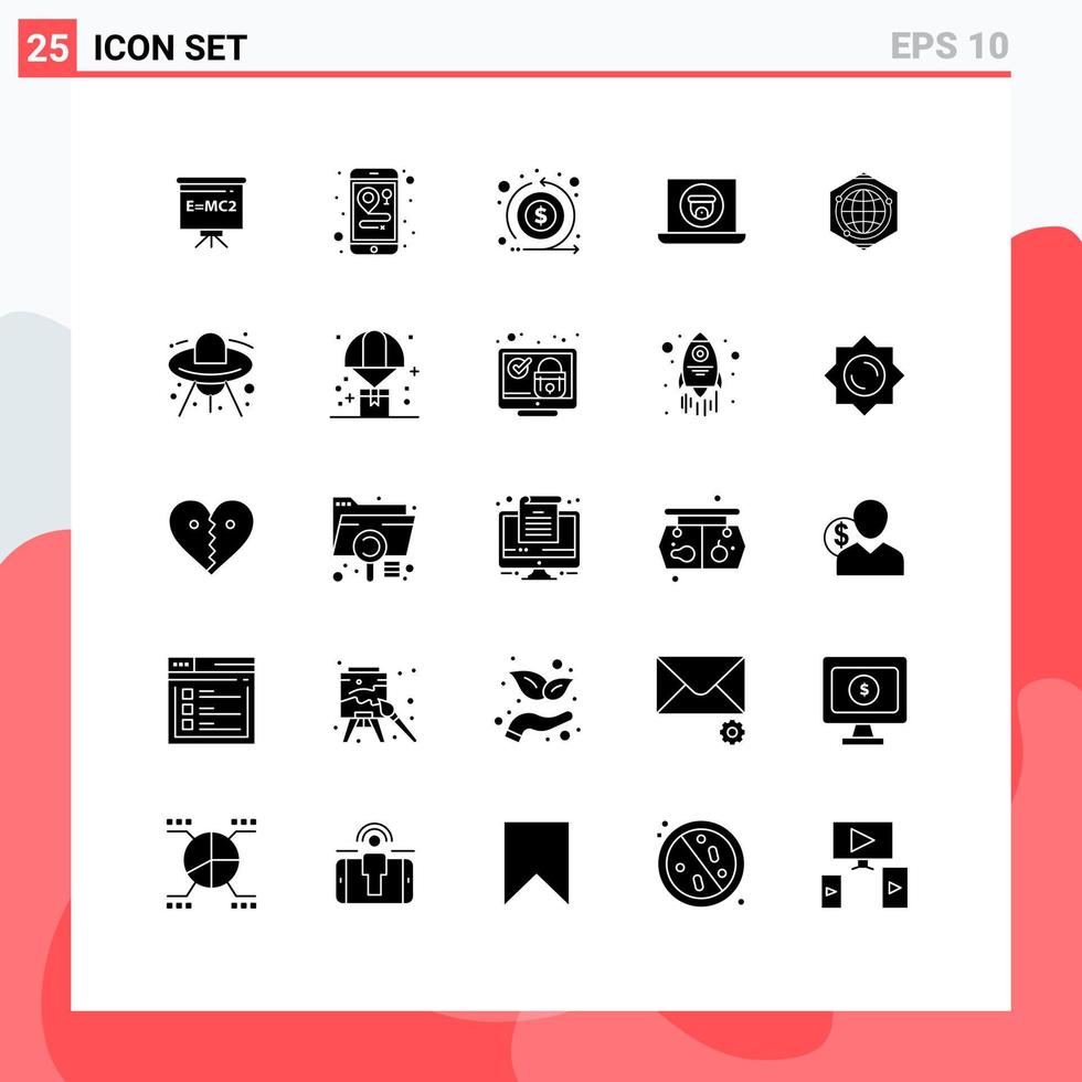 25 Solid Glyph concept for Websites Mobile and Apps space globe flow camera laptop Editable Vector Design Elements