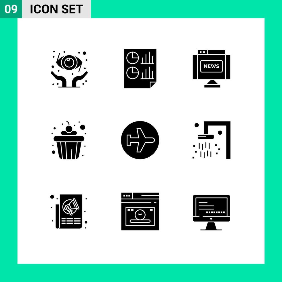 Set of 9 Modern UI Icons Symbols Signs for airport aero plane communications food cake Editable Vector Design Elements