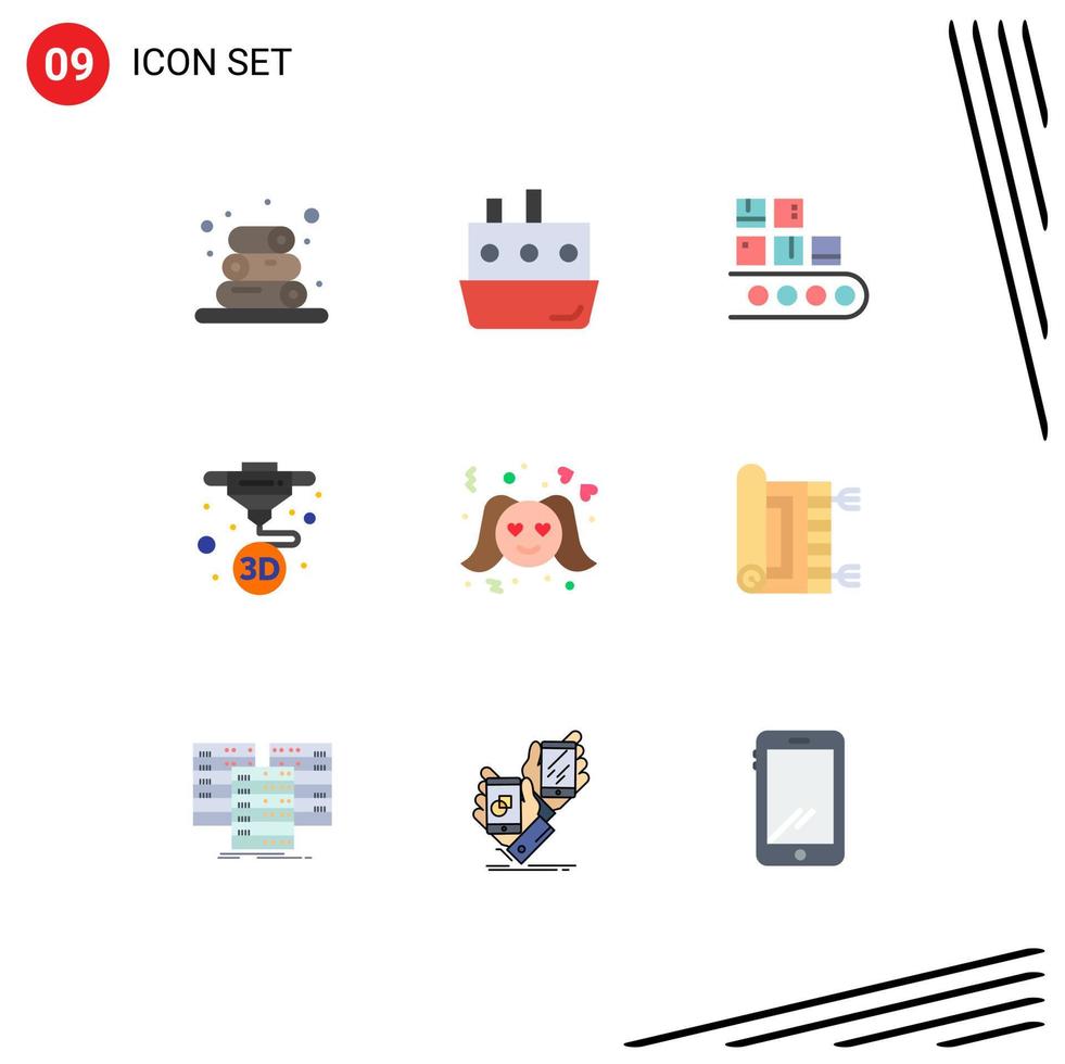 9 Universal Flat Color Signs Symbols of love print business machine production Editable Vector Design Elements