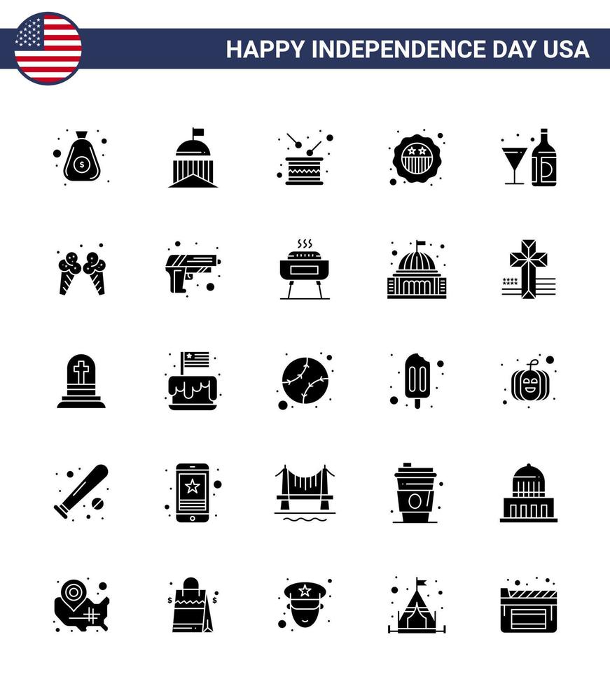 4th July USA Happy Independence Day Icon Symbols Group of 25 Modern Solid Glyph of flag security irish american independence Editable USA Day Vector Design Elements