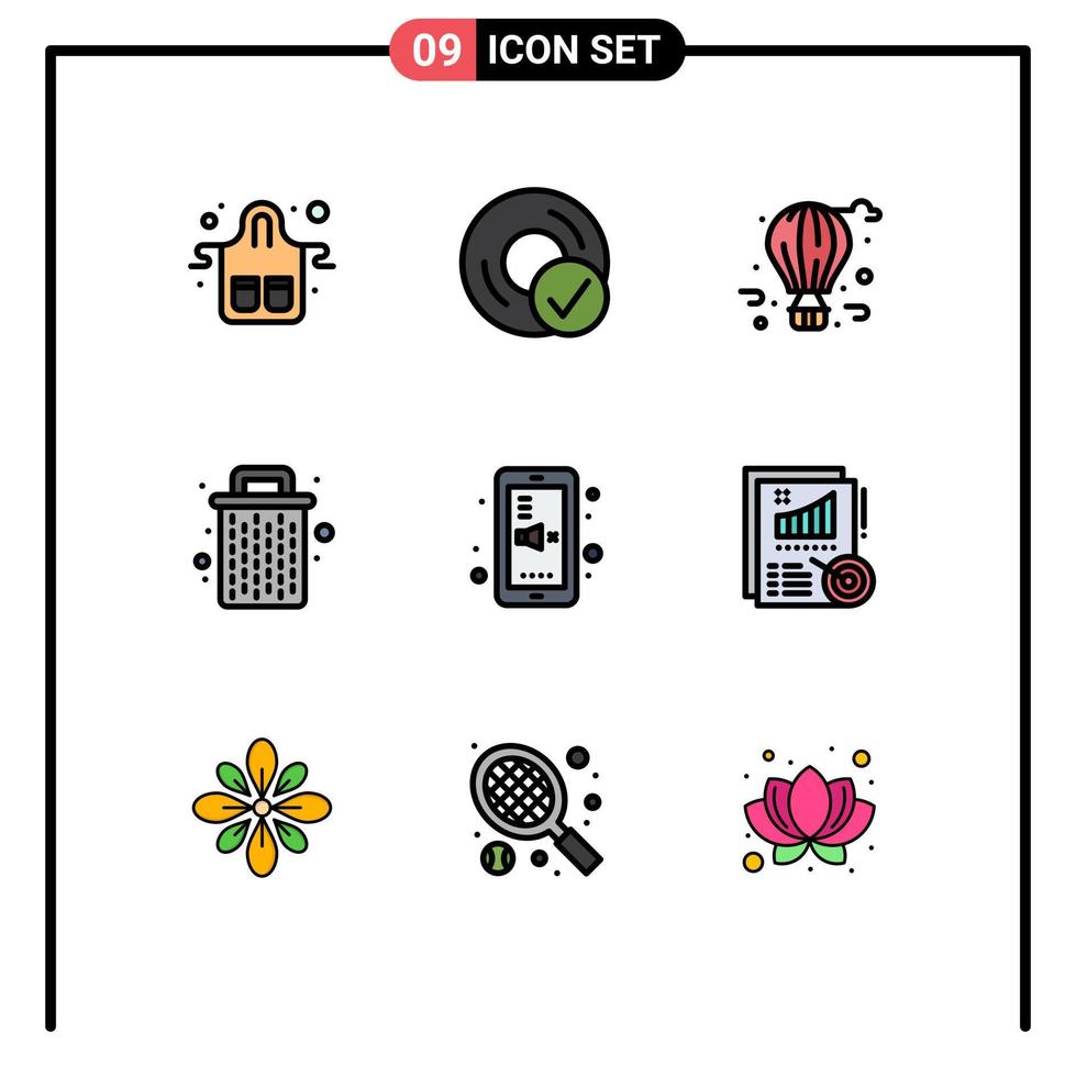 Pack of 9 Modern Filledline Flat Colors Signs and Symbols for Web Print Media such as garbage been disc basket fly balloon Editable Vector Design Elements
