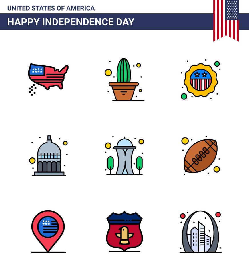 gran paquete de 9 estados unidos feliz día de la independencia líneas planas llenas de vector de estados unidos y símbolos editables de hito usa american statehouse indiana elementos de diseño de vector de día de estados unidos editables