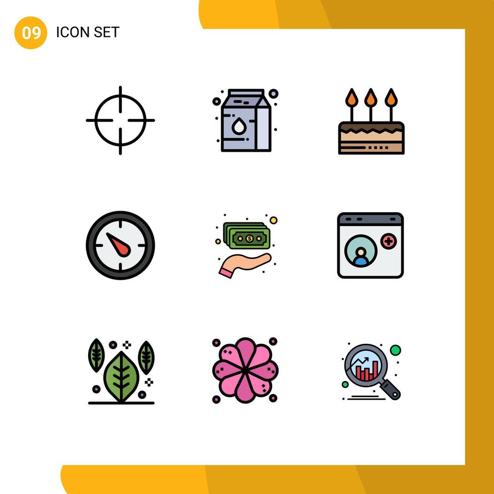 User Interface Pack of 9 Basic Filledline Flat Colors of holding cash celebration timer stopwatch Editable Vector Design Elements