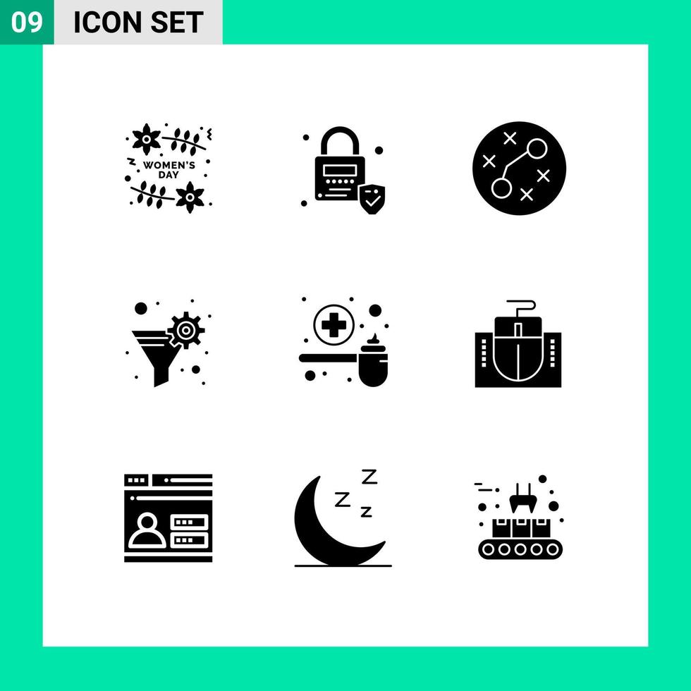 conjunto de 9 iconos de interfaz de usuario modernos símbolos signos para medir gérmenes curados filtro de engranaje filtro elementos de diseño vectorial editables vector