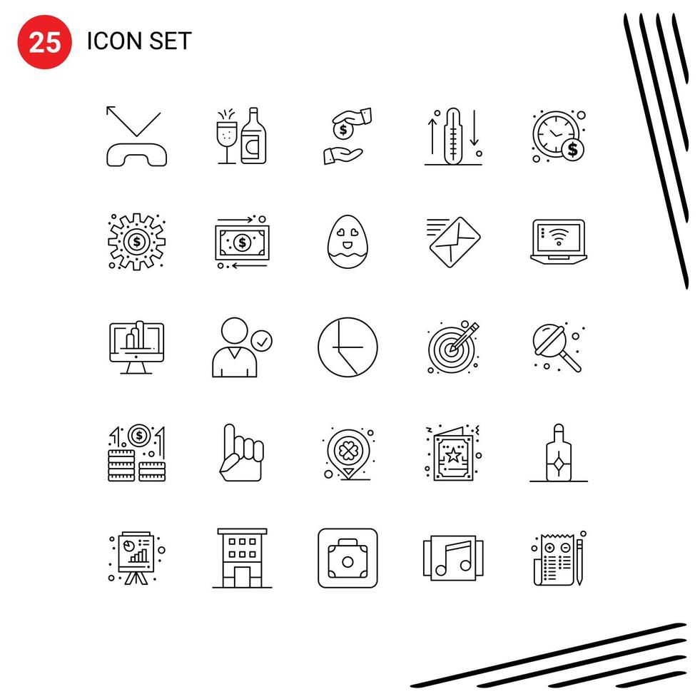 Group of 25 Modern Lines Set for time management increase bribery health drop Editable Vector Design Elements