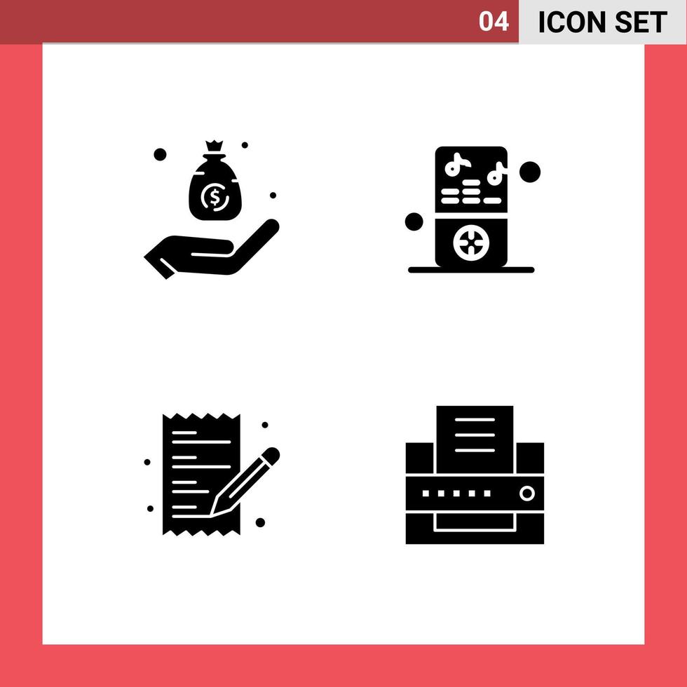 Editable Vector Line Pack of 4 Simple Solid Glyphs of bag ecommerce finance music paper Editable Vector Design Elements