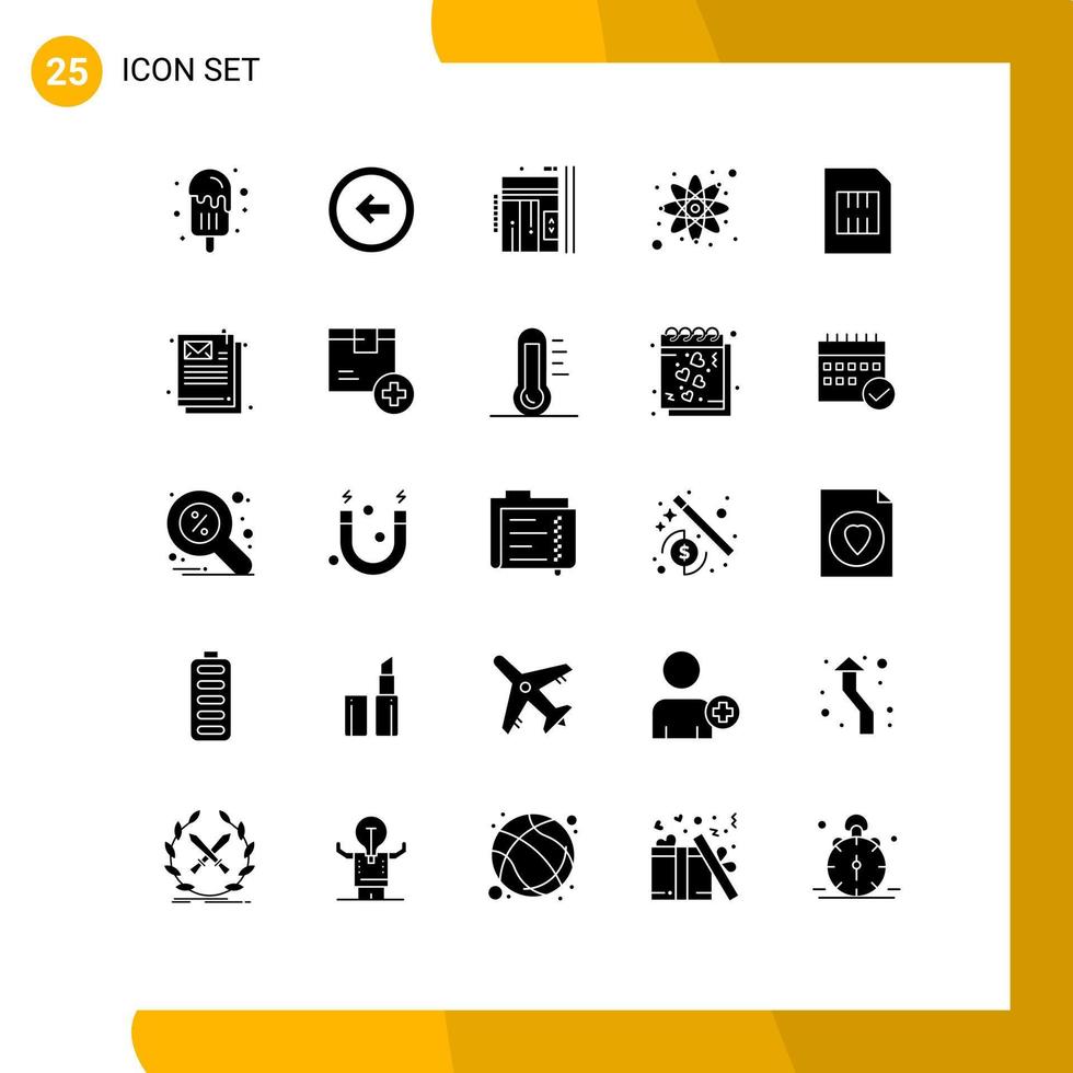 Mobile Interface Solid Glyph Set of 25 Pictograms of card react left physics up Editable Vector Design Elements