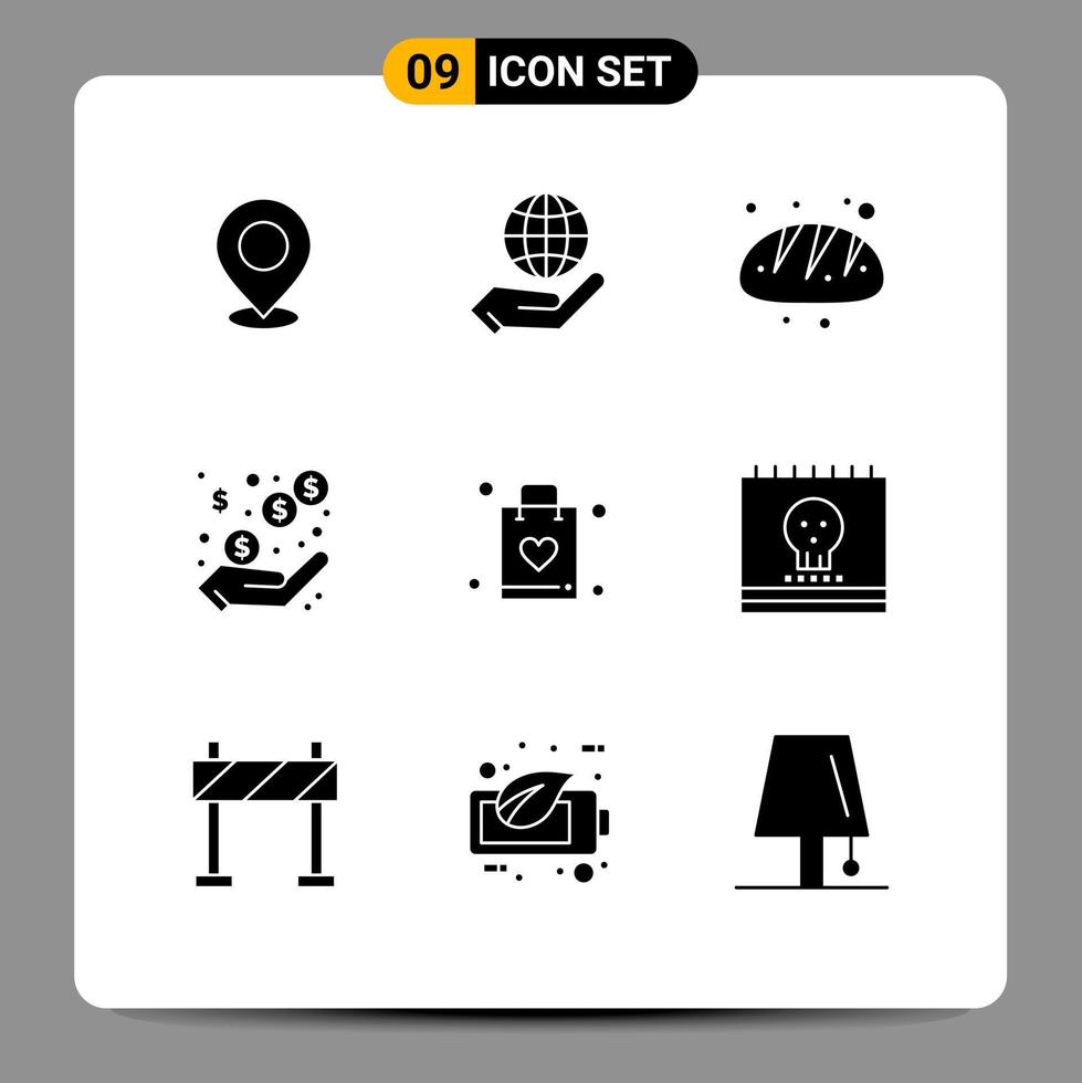 Pack of 9 Modern Solid Glyphs Signs and Symbols for Web Print Media such as profit food global bread bakery Editable Vector Design Elements