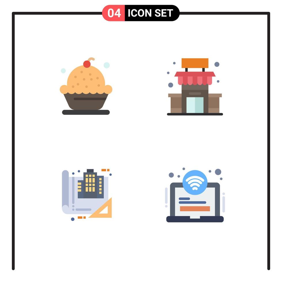 Set of 4 Commercial Flat Icons pack for baking building dessert shop blueprint Editable Vector Design Elements