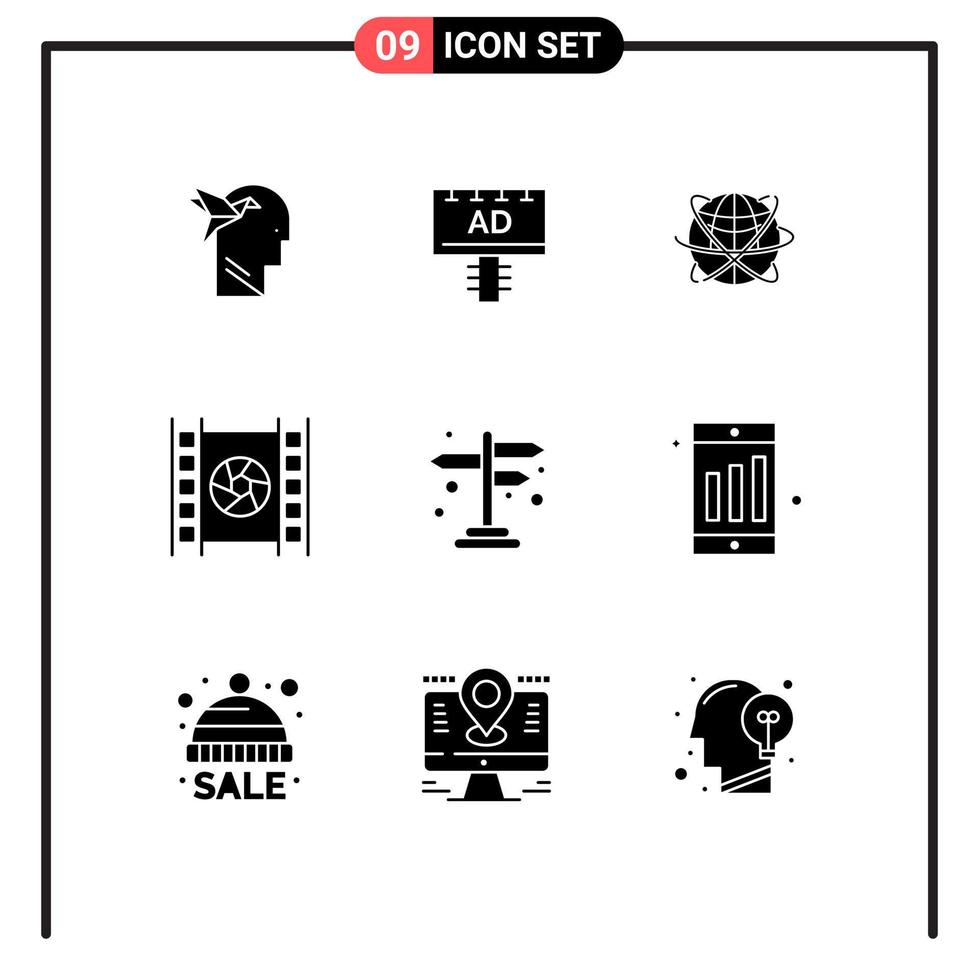 Pictogram Set of 9 Simple Solid Glyphs of movie film globe world internet Editable Vector Design Elements