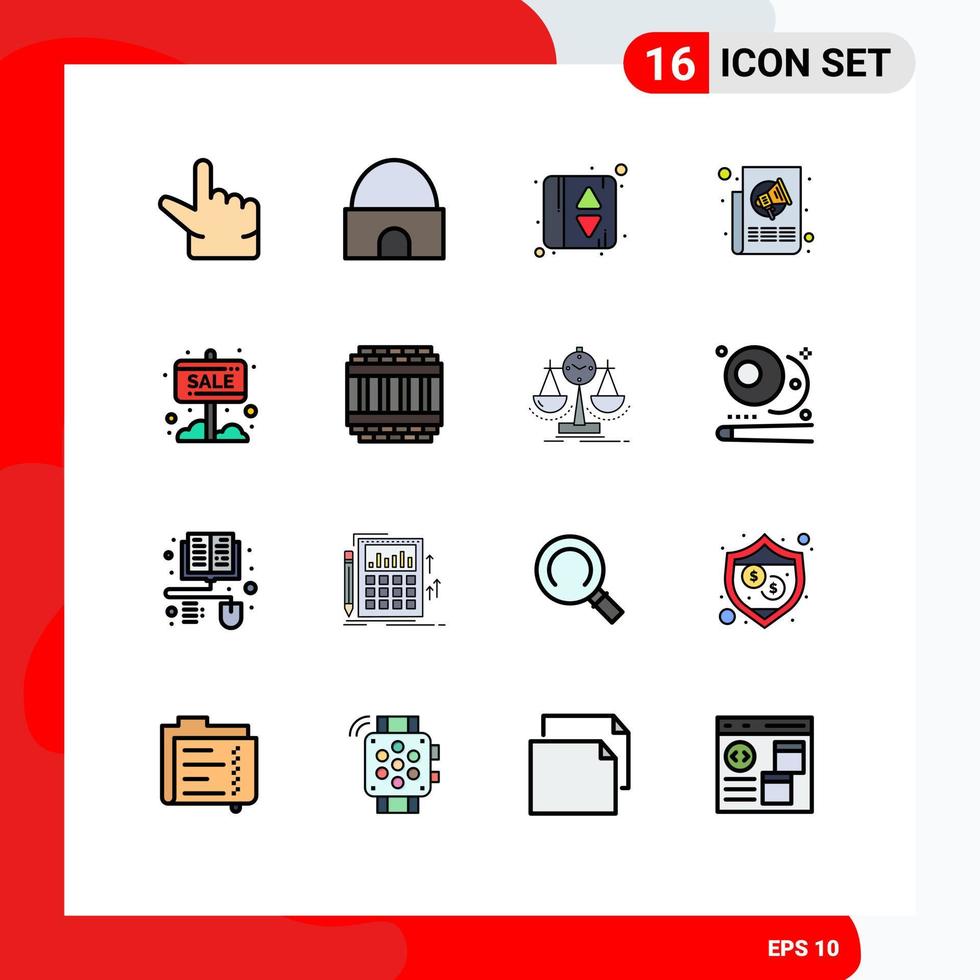 16 User Interface Flat Color Filled Line Pack of modern Signs and Symbols of sale banner elevator door press news Editable Creative Vector Design Elements