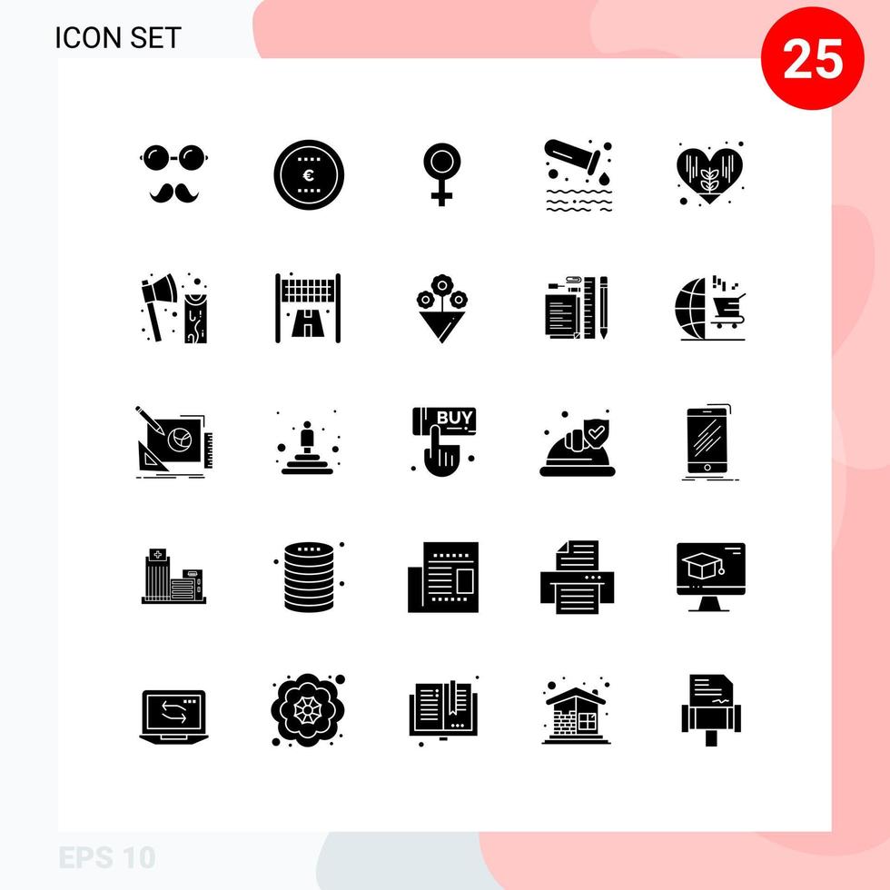 Pack of 25 Modern Solid Glyphs Signs and Symbols for Web Print Media such as love environment female tube pollution Editable Vector Design Elements