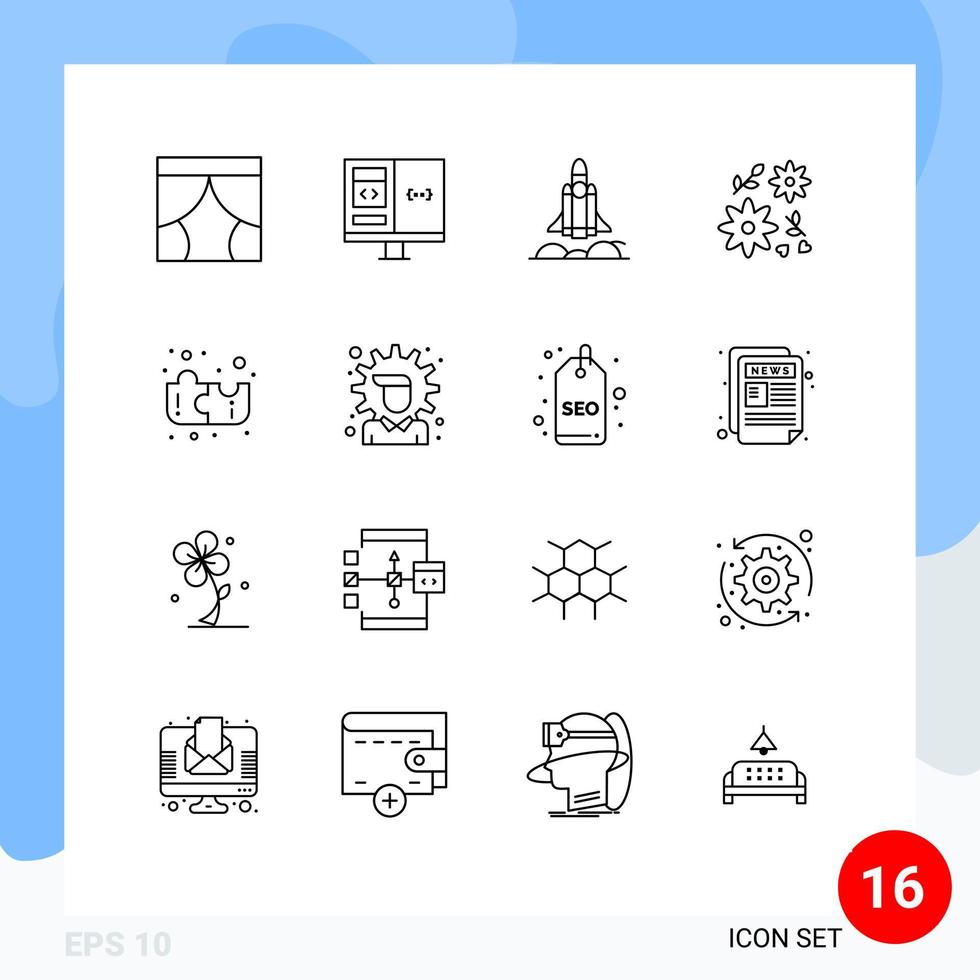 Set of 16 Vector Outlines on Grid for education flower develop bouquet rocket Editable Vector Design Elements