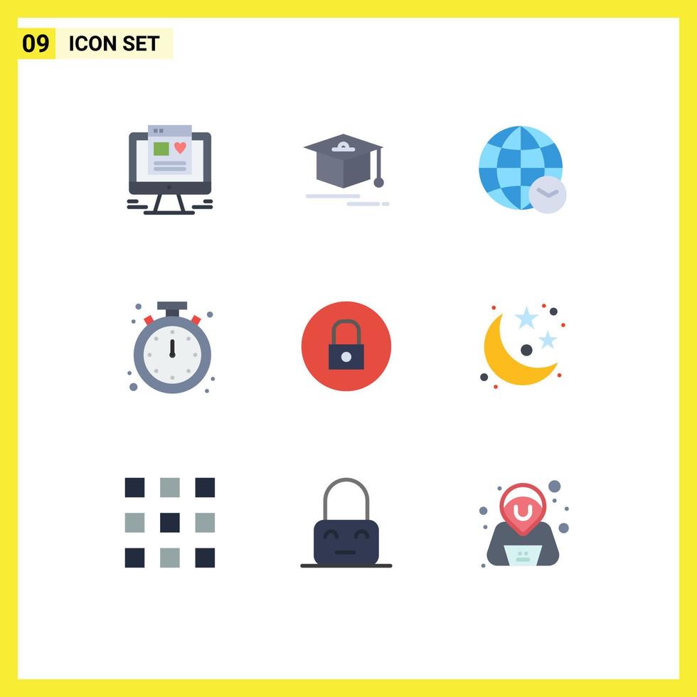 Modern Set of 9 Flat Colors and symbols such as media player lock web time clock Editable Vector Design Elements