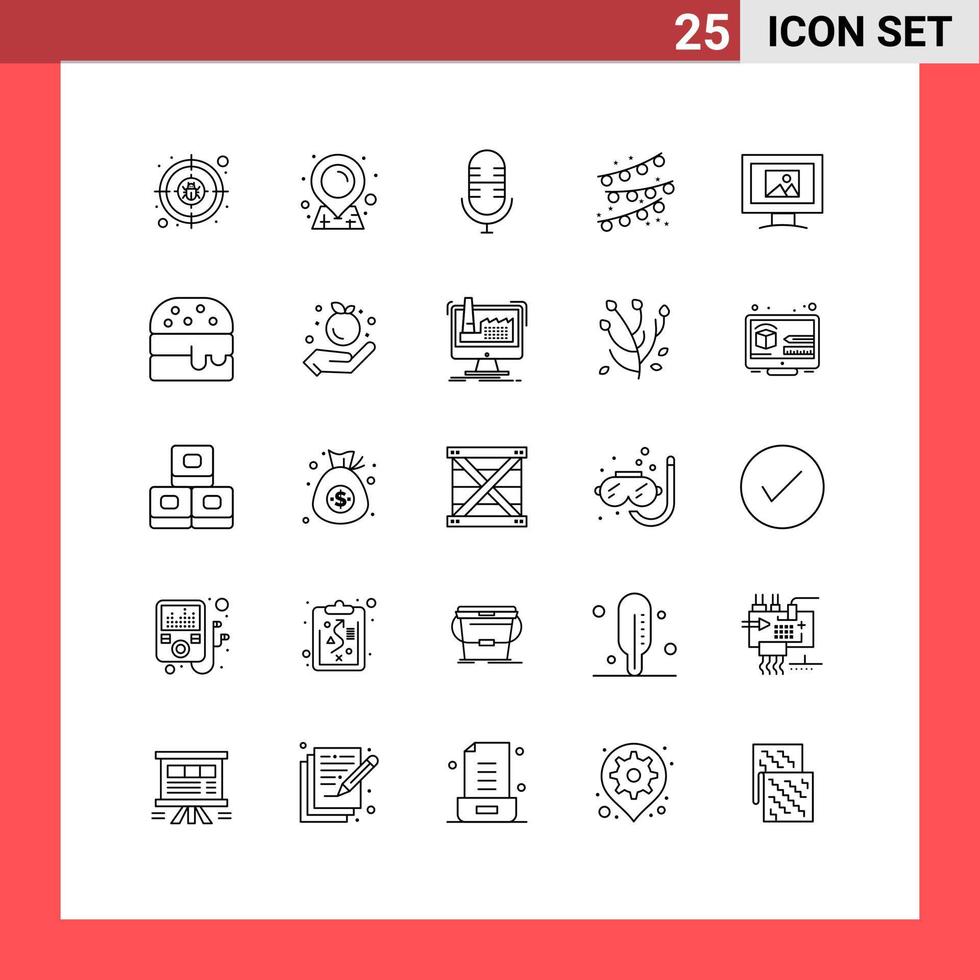 Modern Set of 25 Lines and symbols such as food photo mic screen party bulb Editable Vector Design Elements