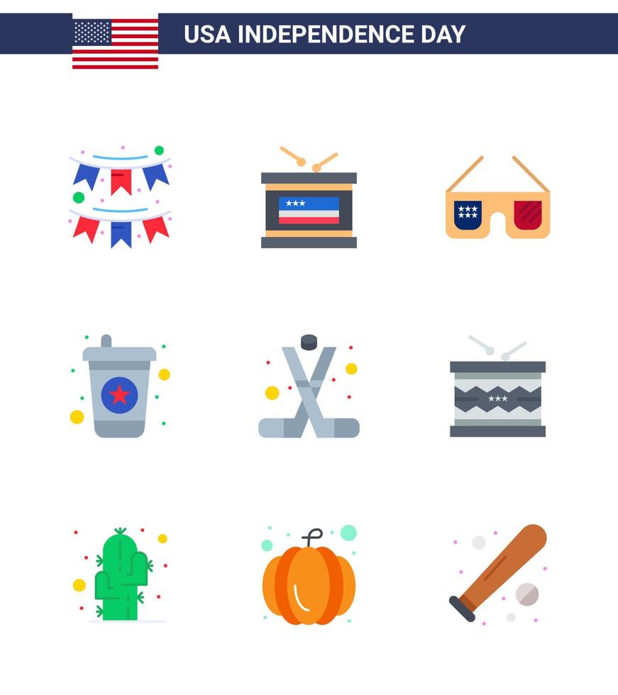 Set of 9 Vector Flats on 4th July USA Independence Day such as ice hockey soda independence day drink usa Editable USA Day Vector Design Elements