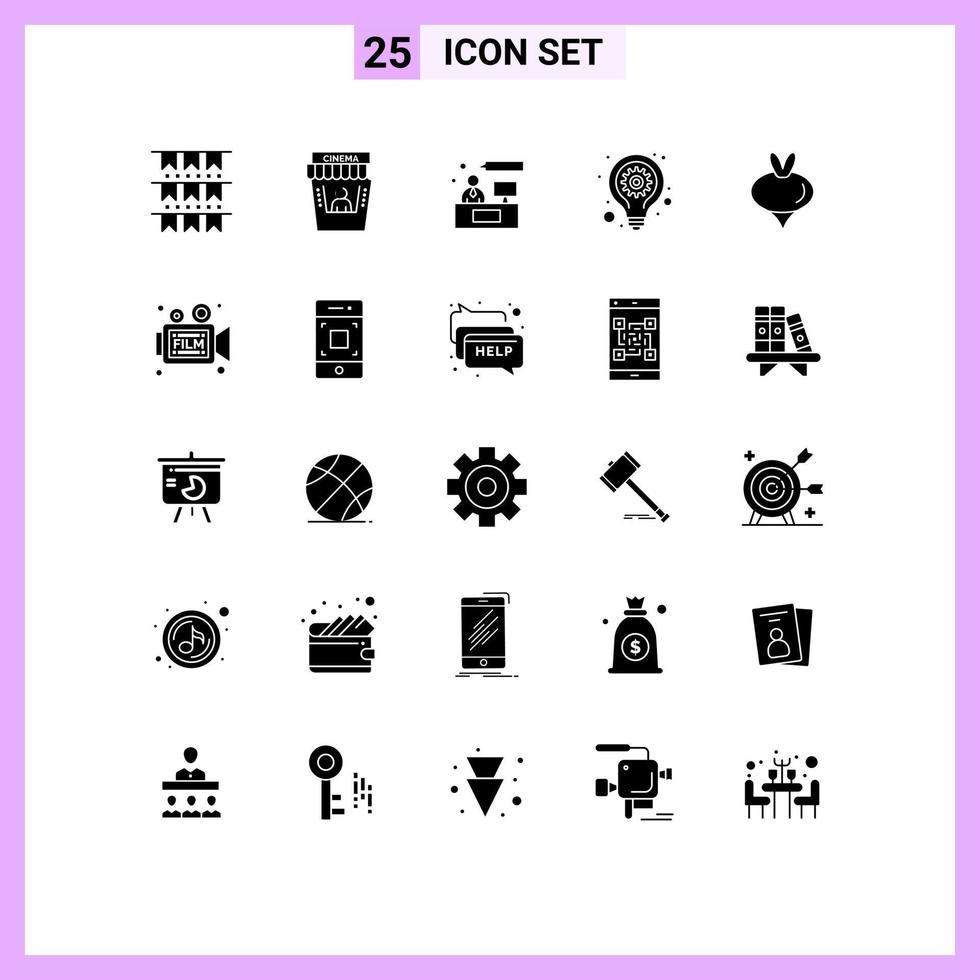 25 Thematic Vector Solid Glyphs and Editable Symbols of turnip seo gear chat lamp bulb Editable Vector Design Elements