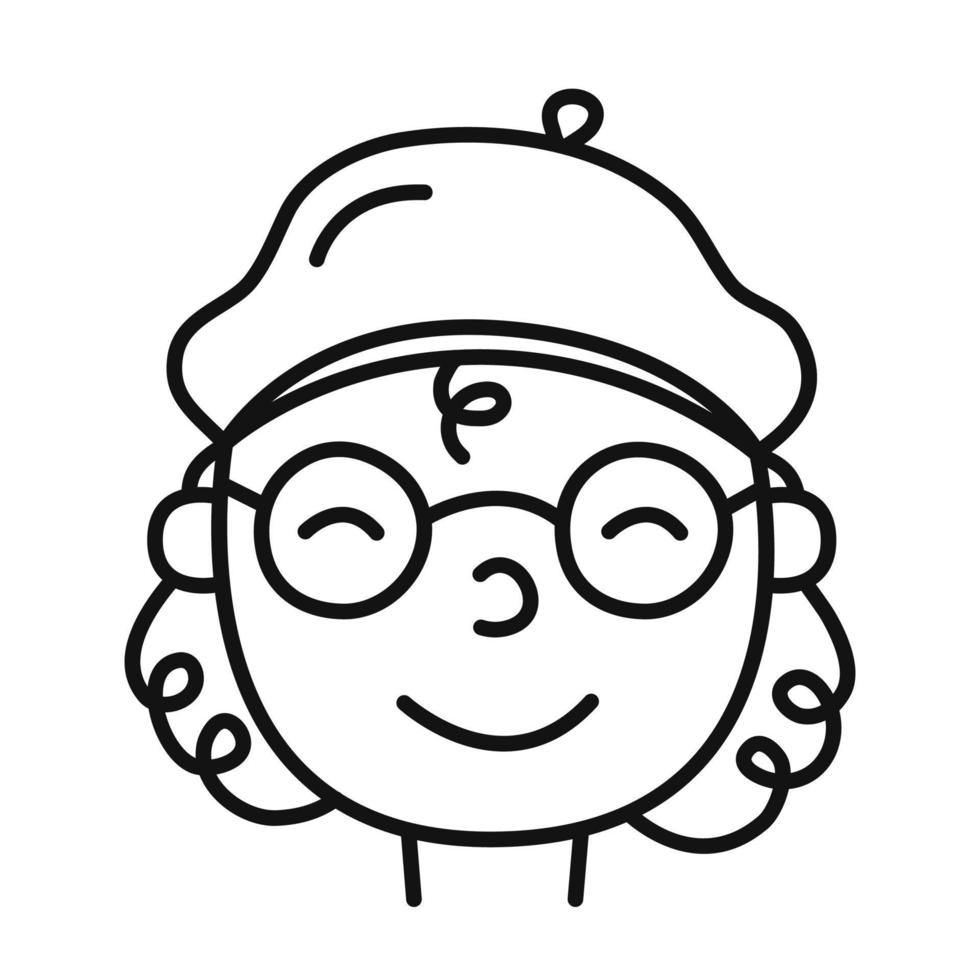 Cute man face portrait with glasses and beret in doodle line style. Avatar. Social network concept. Hand-drawn vector illustration isolated on white background.