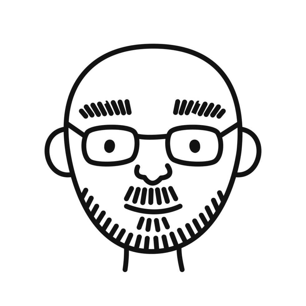 The face of a man with beard and glasses. Hand drawn portrait of person avatar in doodle style. Isolated vector illustration.