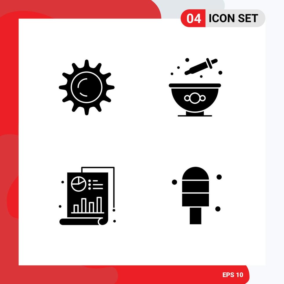 Mobile Interface Solid Glyph Set of 4 Pictograms of sun chart baking dye cream Editable Vector Design Elements