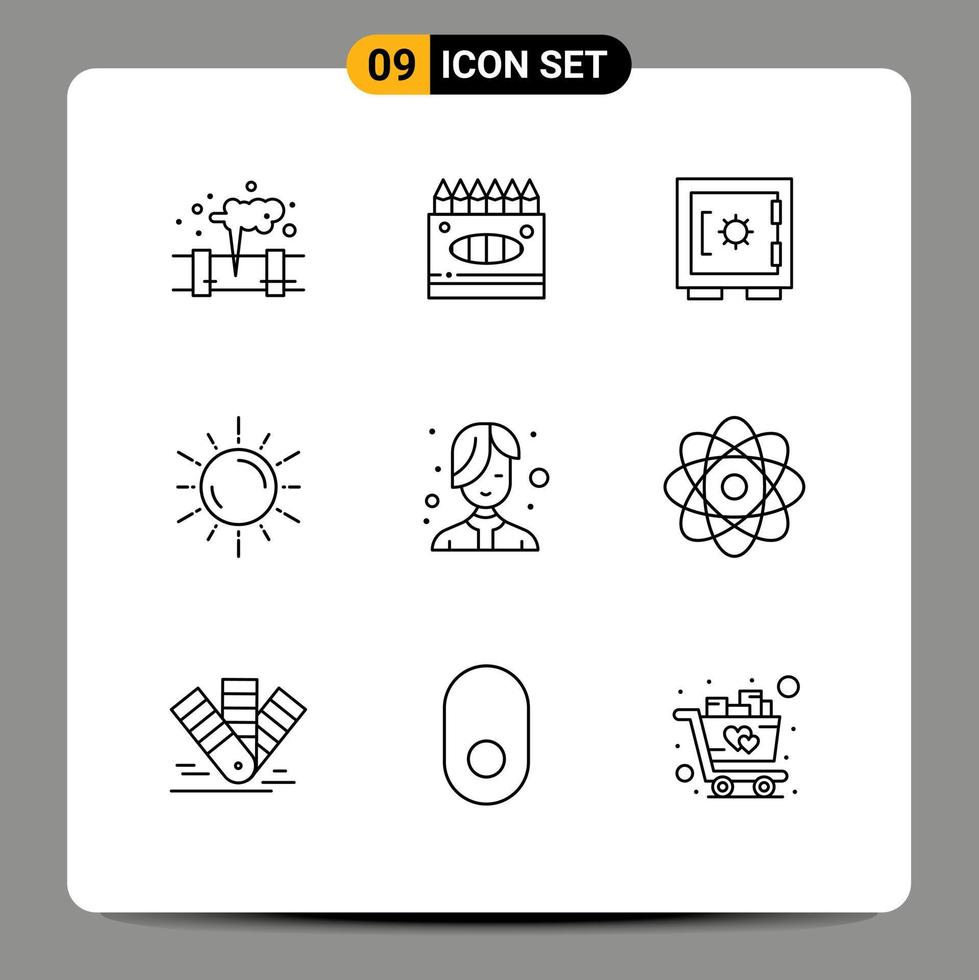Pack of 9 Modern Outlines Signs and Symbols for Web Print Media such as beauty astronomy lock planet sun Editable Vector Design Elements