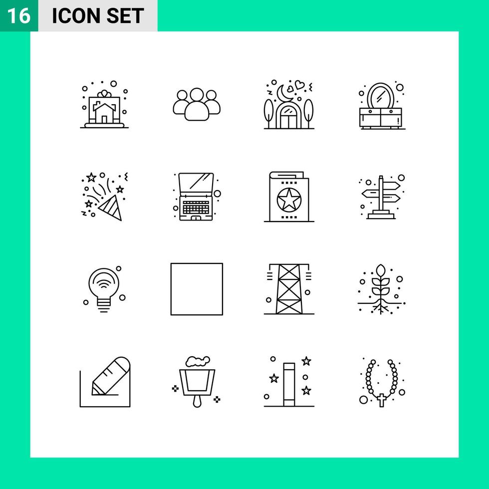 Universal Icon Symbols Group of 16 Modern Outlines of fireworks mirror team dresser lover Editable Vector Design Elements