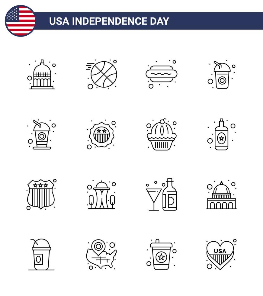 paquete de 16 líneas de celebración del día de la independencia de EE. UU. Signos y símbolos del 4 de julio, como insignia perro americano soda cola elementos de diseño vectorial editables del día de EE. UU. vector