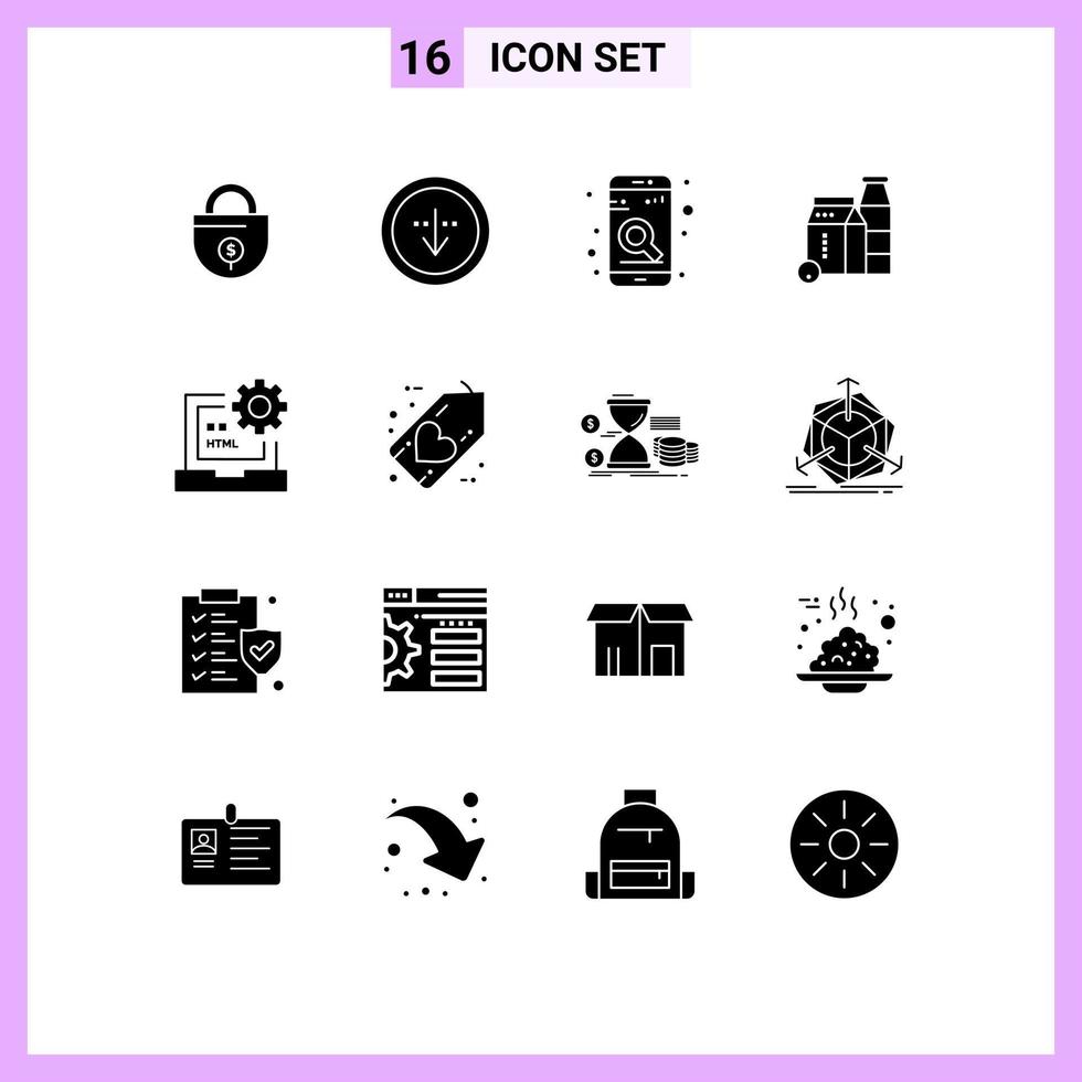 Modern Set of 16 Solid Glyphs and symbols such as code buttle interface box search Editable Vector Design Elements