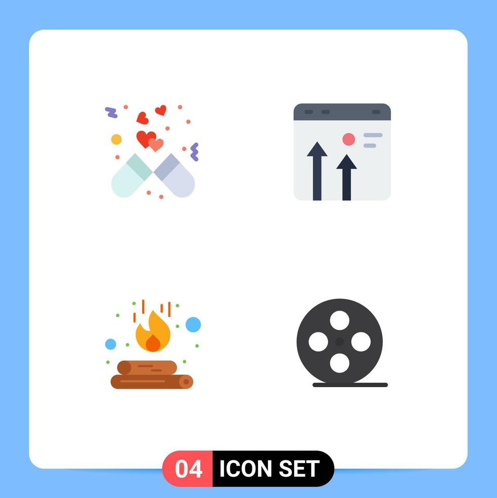 paquete de 4 signos y símbolos de iconos planos modernos para medios de impresión web, como elementos de diseño de vectores editables de hoguera de navegador de amor de crecimiento de cápsula
