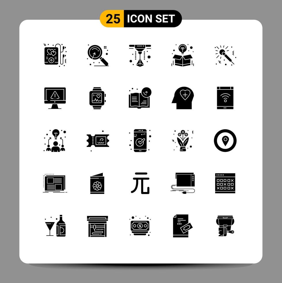 Group of 25 Solid Glyphs Signs and Symbols for night music printer microphone package Editable Vector Design Elements