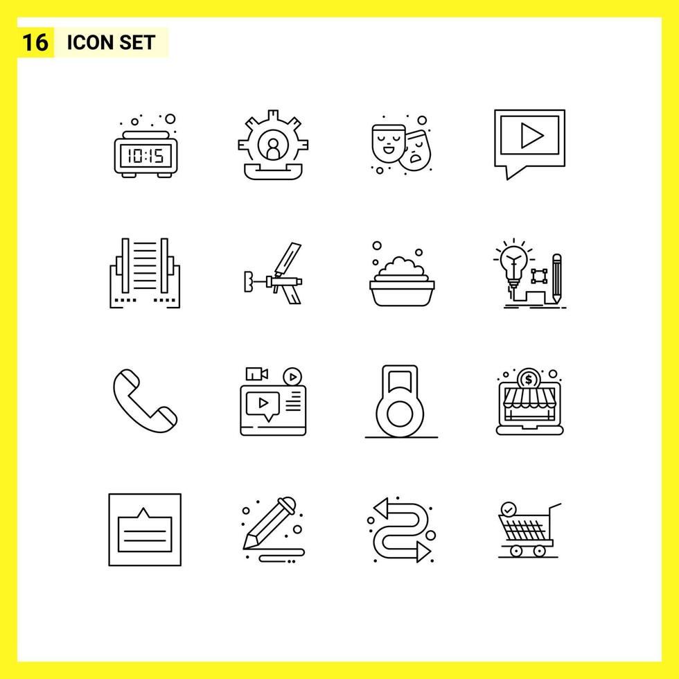 Mobile Interface Outline Set of 16 Pictograms of connection mail process chat film Editable Vector Design Elements