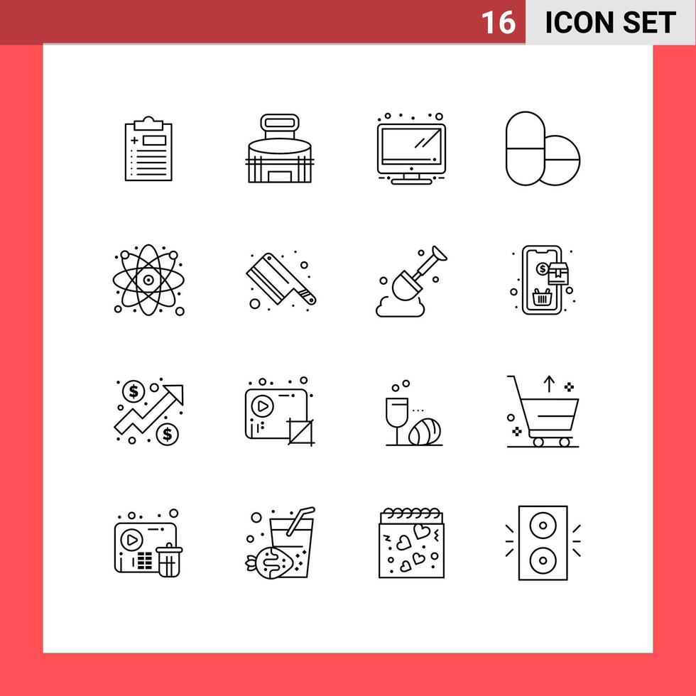 Modern Set of 16 Outlines and symbols such as science atom stadium research pills Editable Vector Design Elements