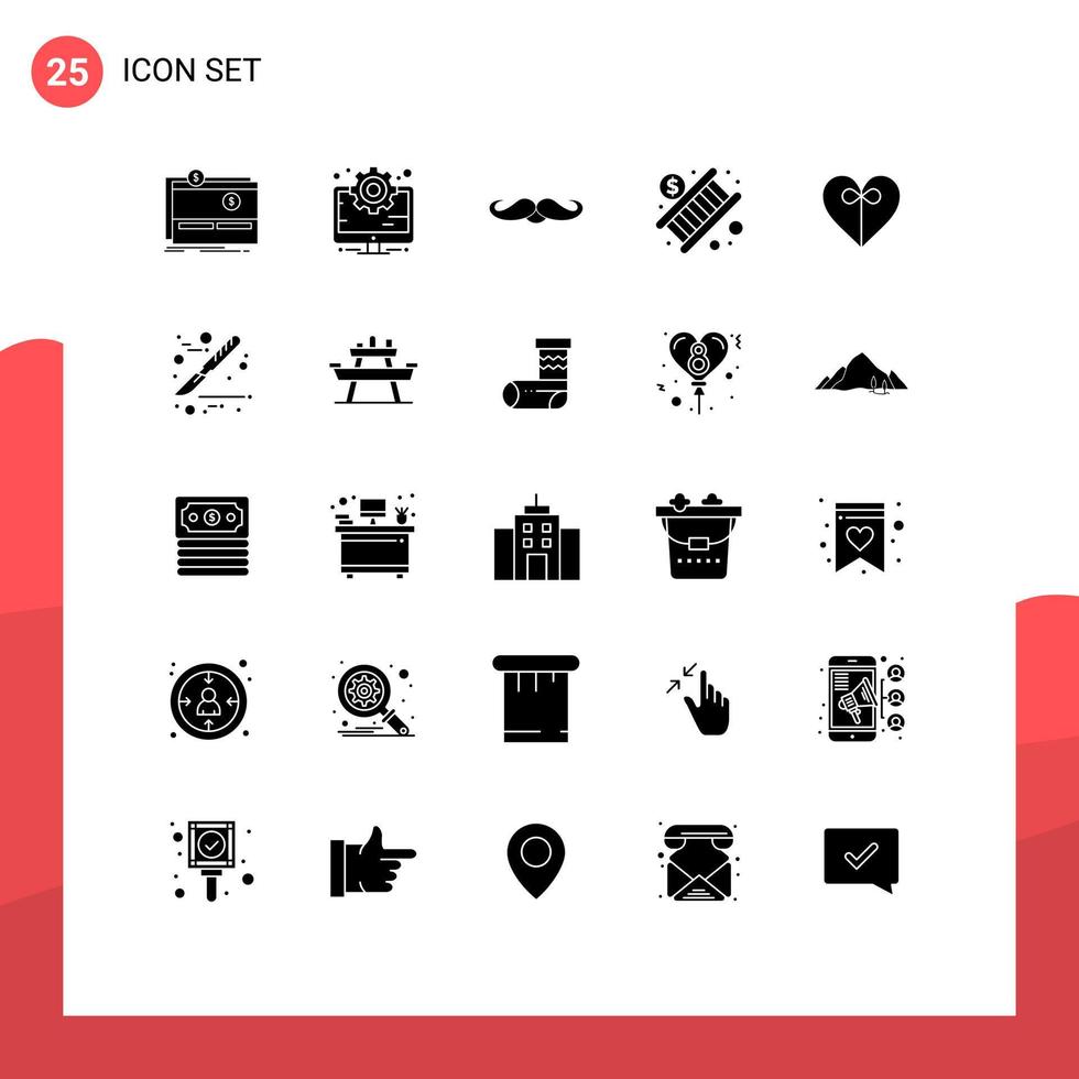 Set of 25 Vector Solid Glyphs on Grid for stair economy setting banking male Editable Vector Design Elements