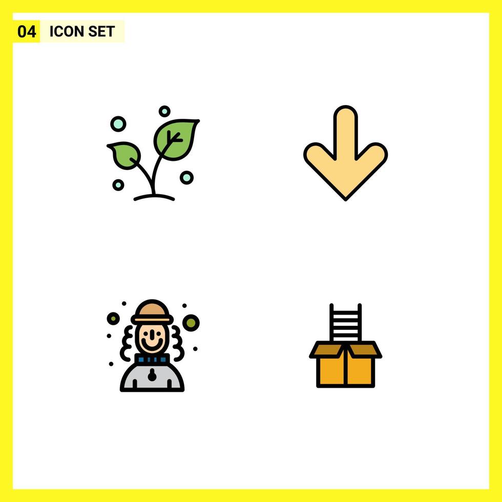 Mobile Interface Filledline Flat Color Set of 4 Pictograms of leaf harlequin sprout down man Editable Vector Design Elements