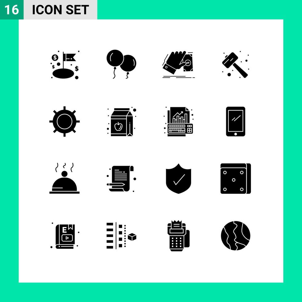 Set of 16 Vector Solid Glyphs on Grid for basic smash hand pound knock Editable Vector Design Elements