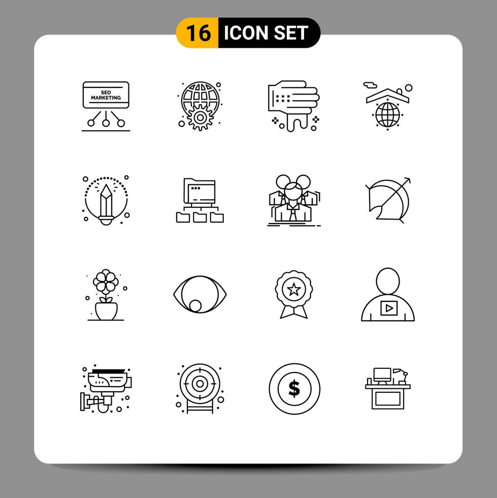 Pictogram Set of 16 Simple Outlines of creative home worldwide globe spa Editable Vector Design Elements