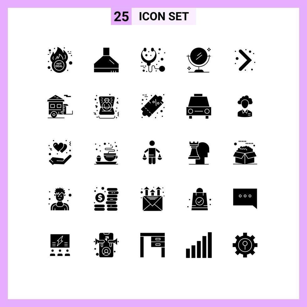 Pack of 25 creative Solid Glyphs of camp navigation health arrow cleaning Editable Vector Design Elements