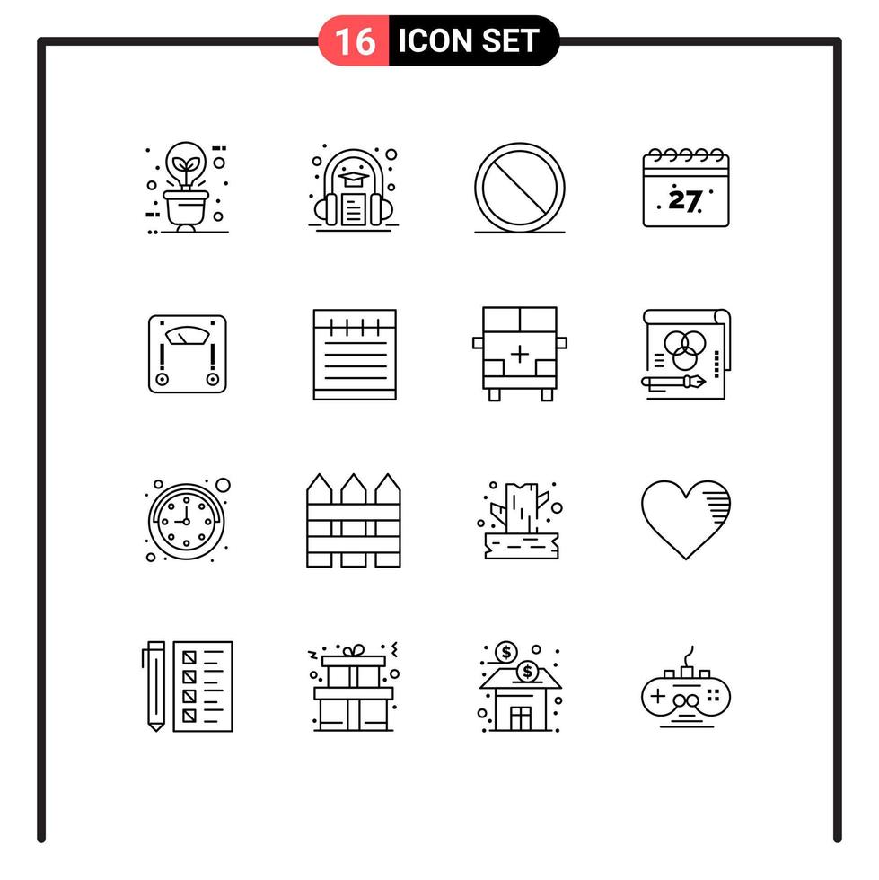 Universal Icon Symbols Group of 16 Modern Outlines of scale date learning calendar stop Editable Vector Design Elements
