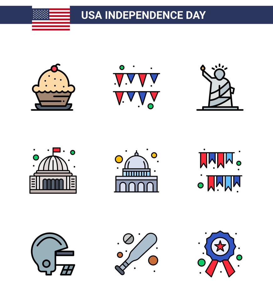 4 de julio estados unidos feliz día de la independencia icono símbolos grupo de 9 líneas planas modernas llenas de puntos de referencia de la casa blanca edificio estados unidos elementos de diseño vectorial del día de estados unidos editables vector