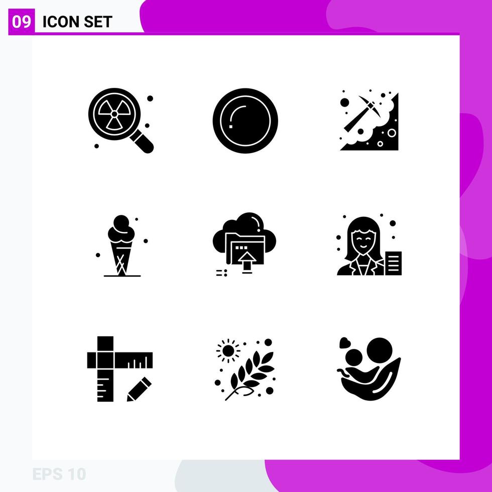 Modern Set of 9 Solid Glyphs and symbols such as upload ice cave cream pickaxe Editable Vector Design Elements