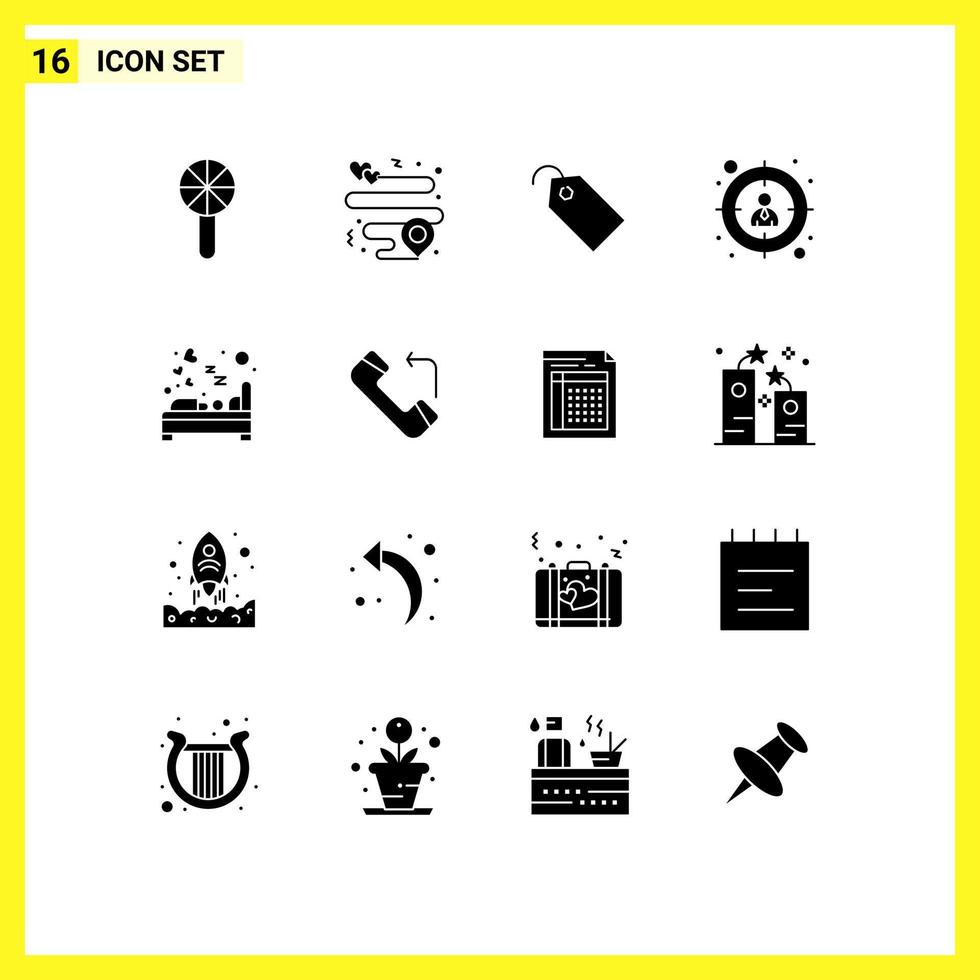 16 Thematic Vector Solid Glyphs and Editable Symbols of hotel bedroom price target employee Editable Vector Design Elements