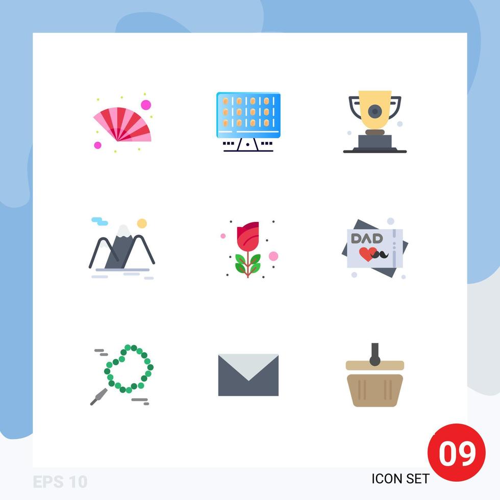 Pack of 9 Modern Flat Colors Signs and Symbols for Web Print Media such as landscape travel trophy mountain first Editable Vector Design Elements