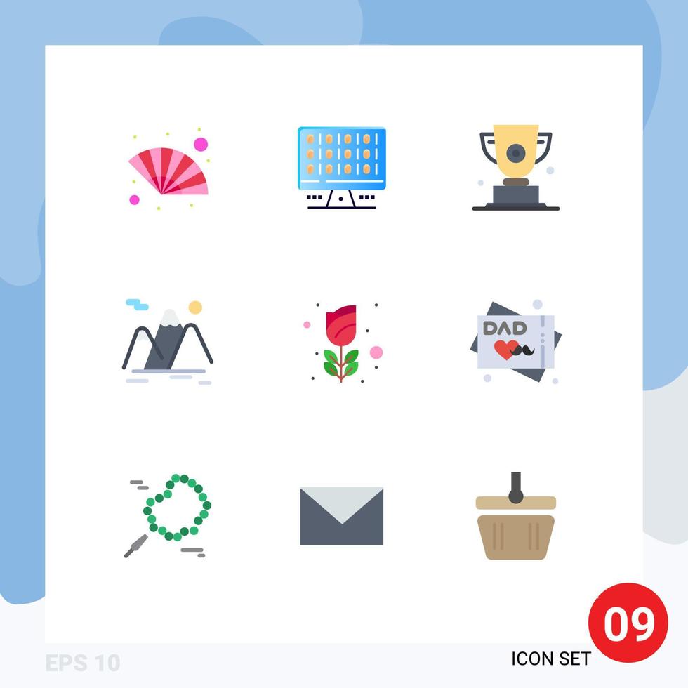 paquete de 9 signos y símbolos de colores planos modernos para medios de impresión web, como el trofeo de viajes de paisajes, la montaña, los primeros elementos de diseño de vectores editables