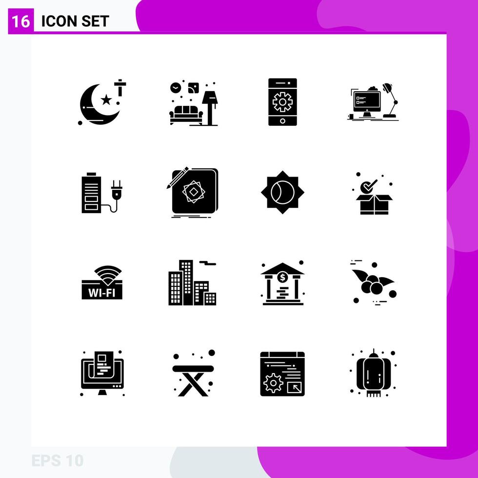 Set of 16 Commercial Solid Glyphs pack for computer office cell workstation smartphone Editable Vector Design Elements