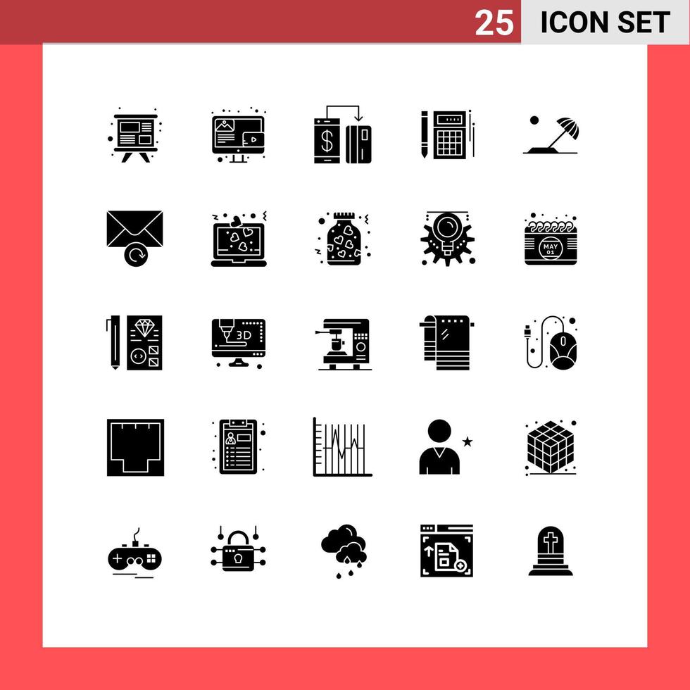 Pack of 25 Modern Solid Glyphs Signs and Symbols for Web Print Media such as math calculation cashless calc smartphone Editable Vector Design Elements