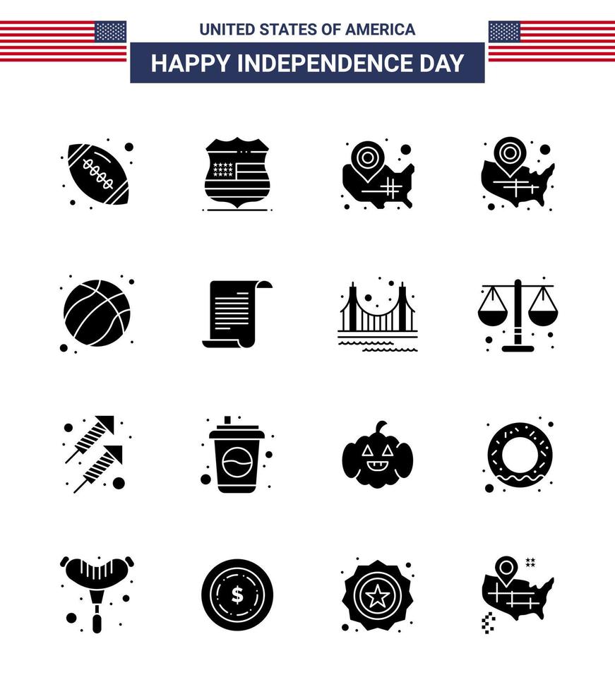 Big Pack of 16 USA Happy Independence Day USA Vector Solid Glyphs and Editable Symbols of file football map ball location pin Editable USA Day Vector Design Elements