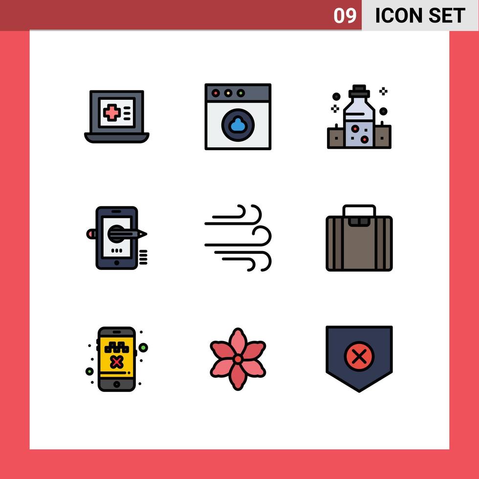 Group of 9 Filledline Flat Colors Signs and Symbols for wind direction oil composing pencil Editable Vector Design Elements