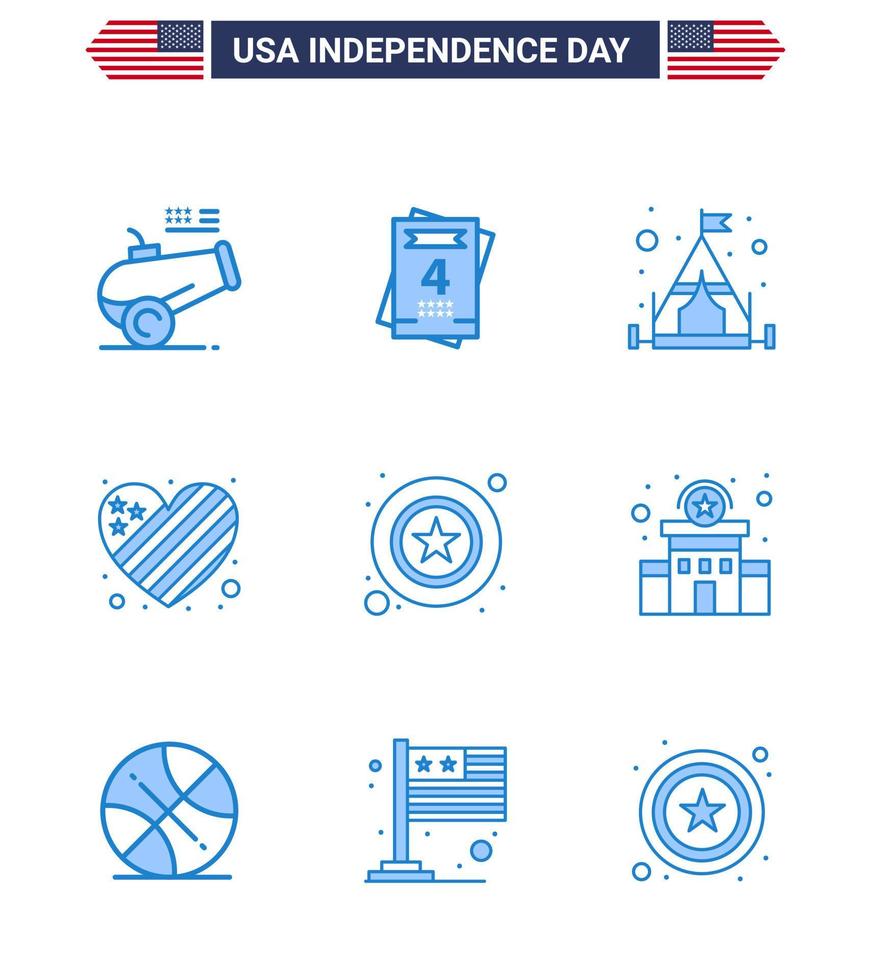 9 iconos creativos de EE. UU. Signos de independencia modernos y símbolos del 4 de julio de policía de signos que acampan hombres corazón elementos de diseño de vector de día de EE. UU. editables
