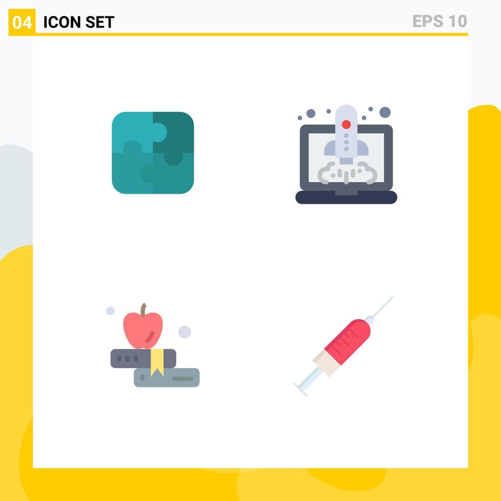 Set of 4 Vector Flat Icons on Grid for puzzle book teamwork speedup syringe Editable Vector Design Elements