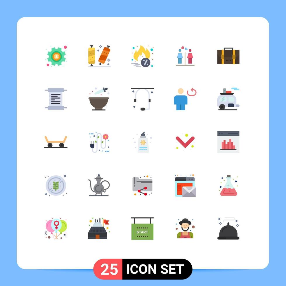 Pack of 25 creative Flat Colors of bag signs sweet washroom love Editable Vector Design Elements